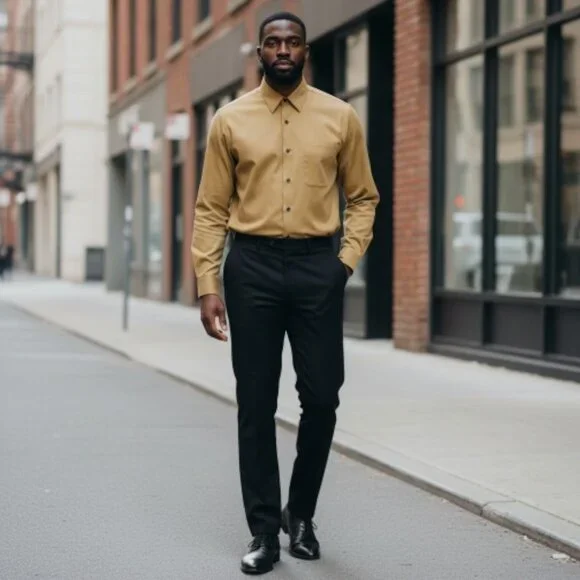 Mens Dress Shirt Roberto Villini Casual Sporty Cotton LS Herringbone Ochre 16.5 - Picture 2 of 5